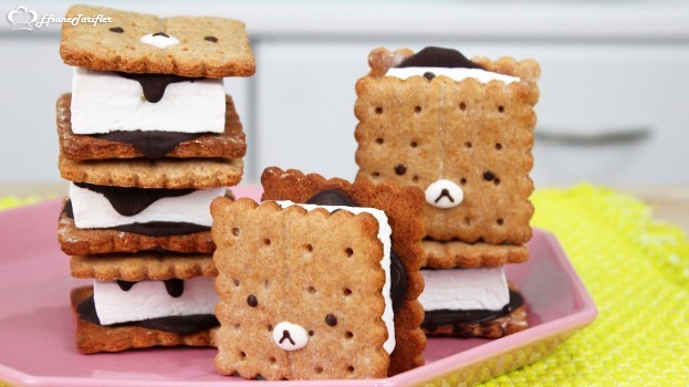 Petibör Bisküvilerin Arasına Marshmallow ve Çikolata Sosu Koyup , Üzerini Eritilmiş Çikolatalar ile Şekil Vererek Eğlenceli Atıştırmalıklar Hazırlayabilirsiniz.